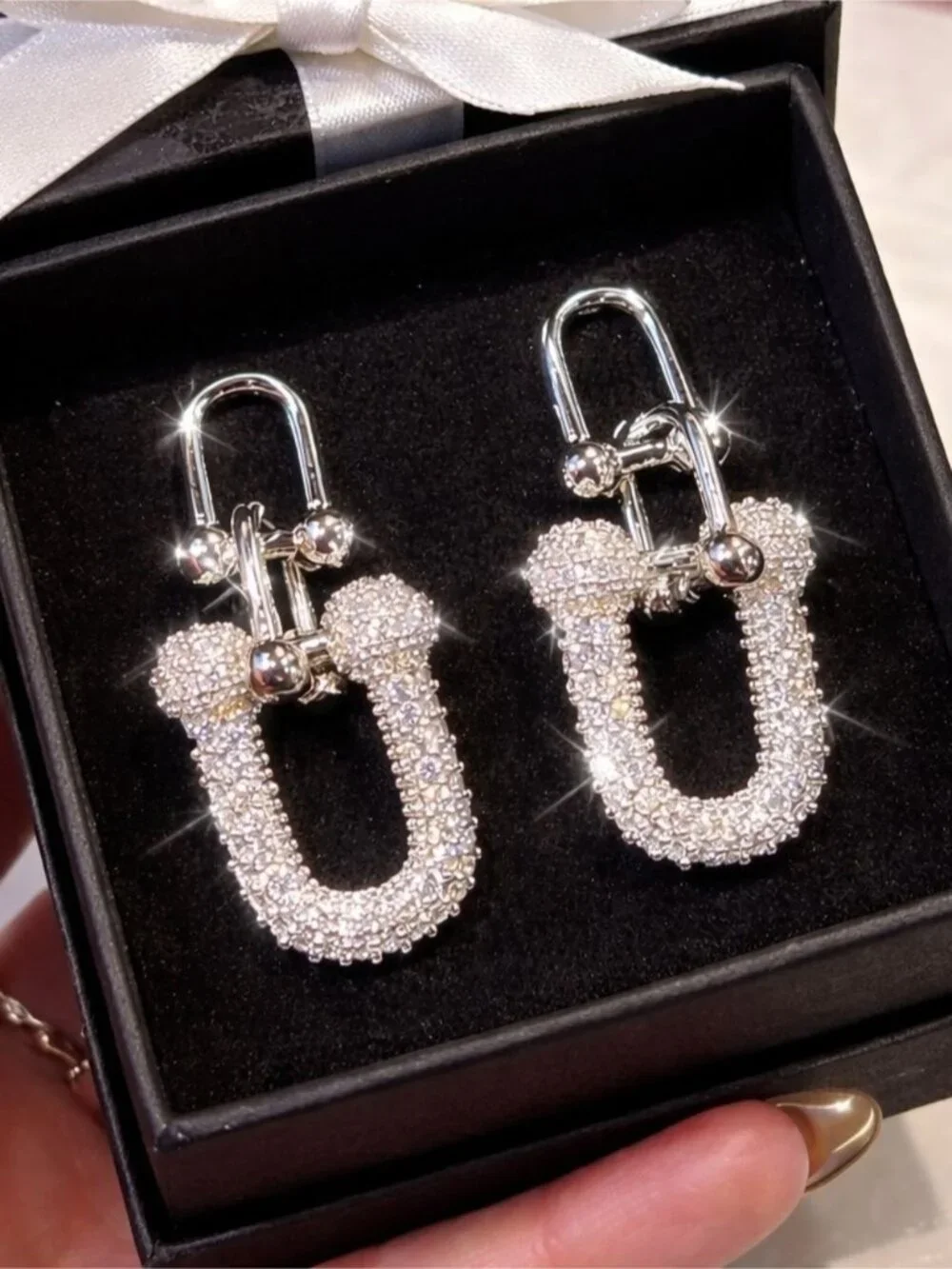 Silver Crystal U-Hoop Drop Earrings